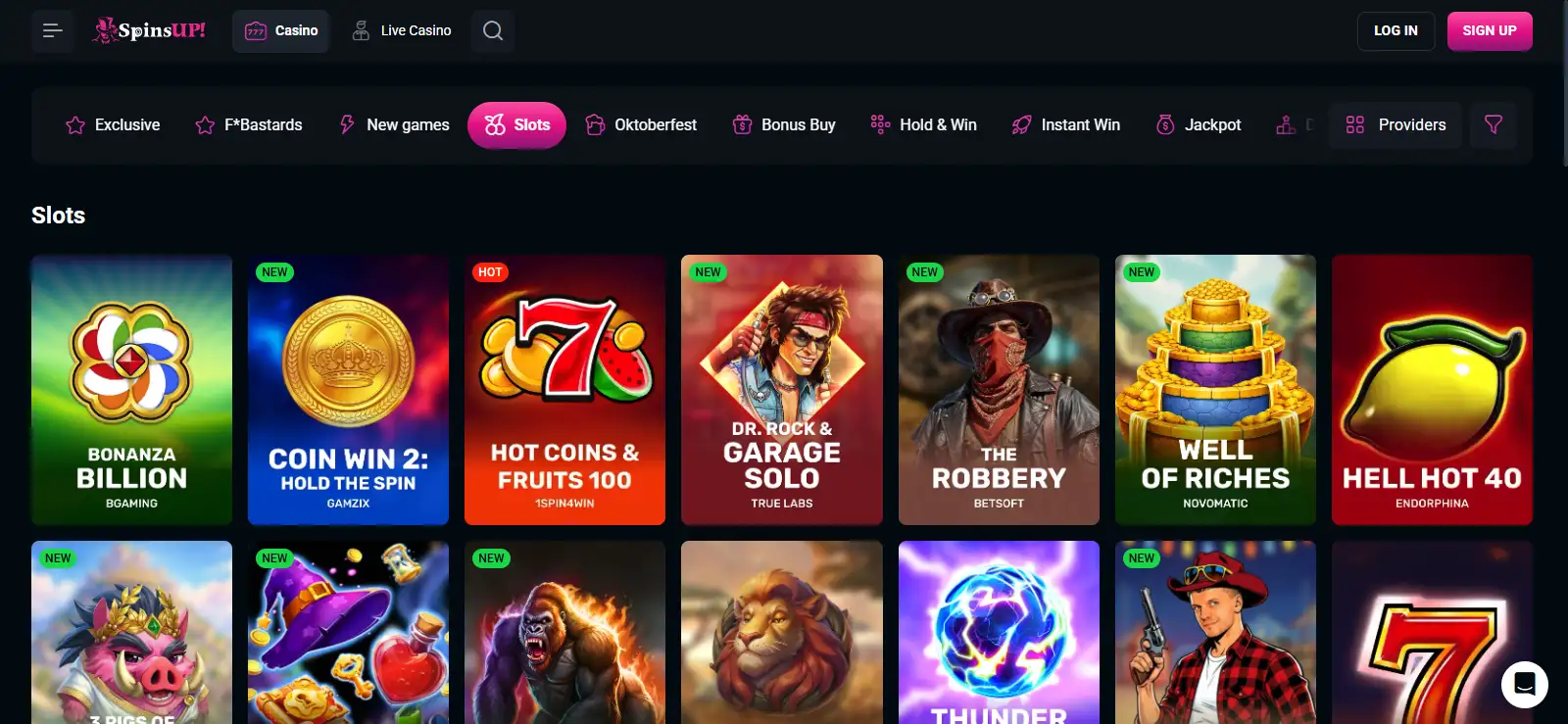 SpinsUP pokies lobby with game tiles and provider browsing options