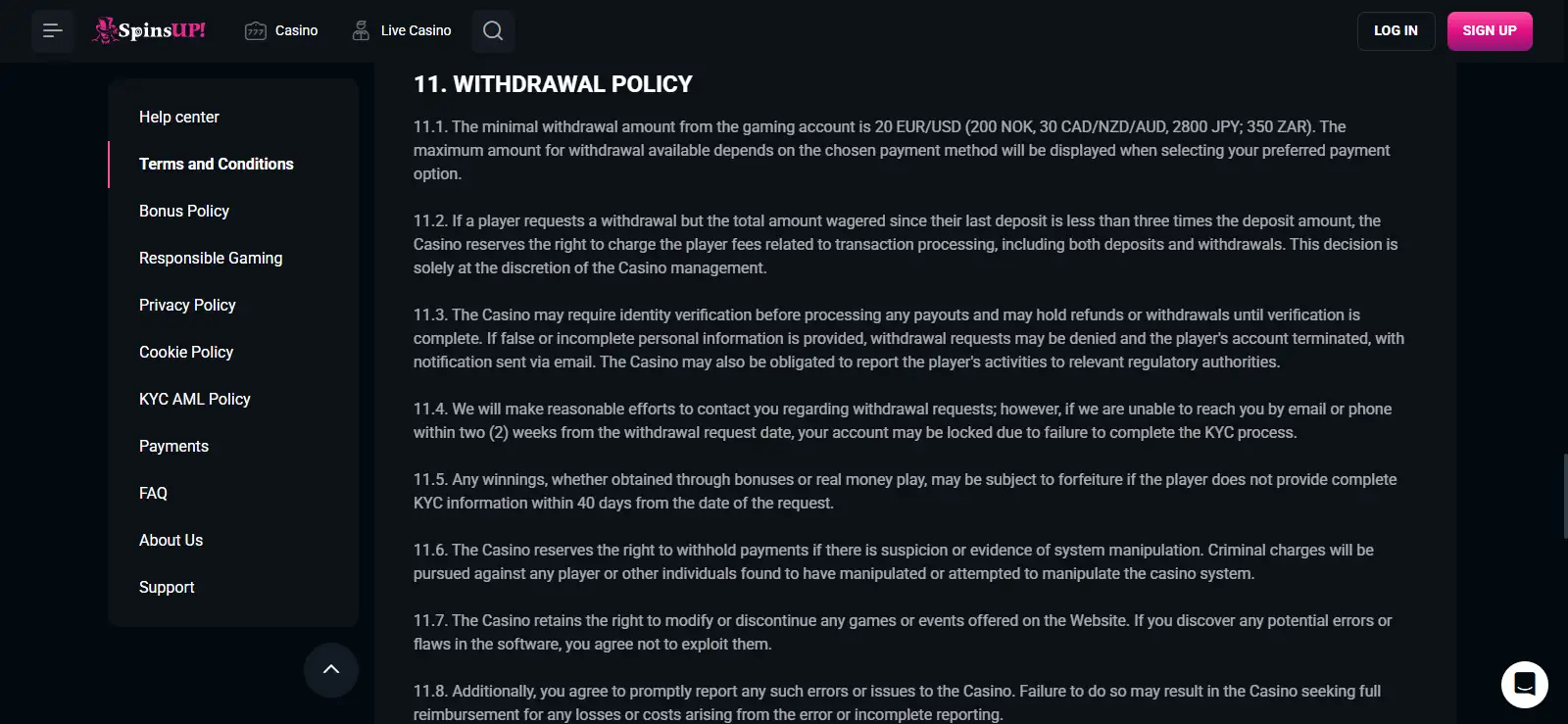 SpinsUP withdrawal rules for limits and processing