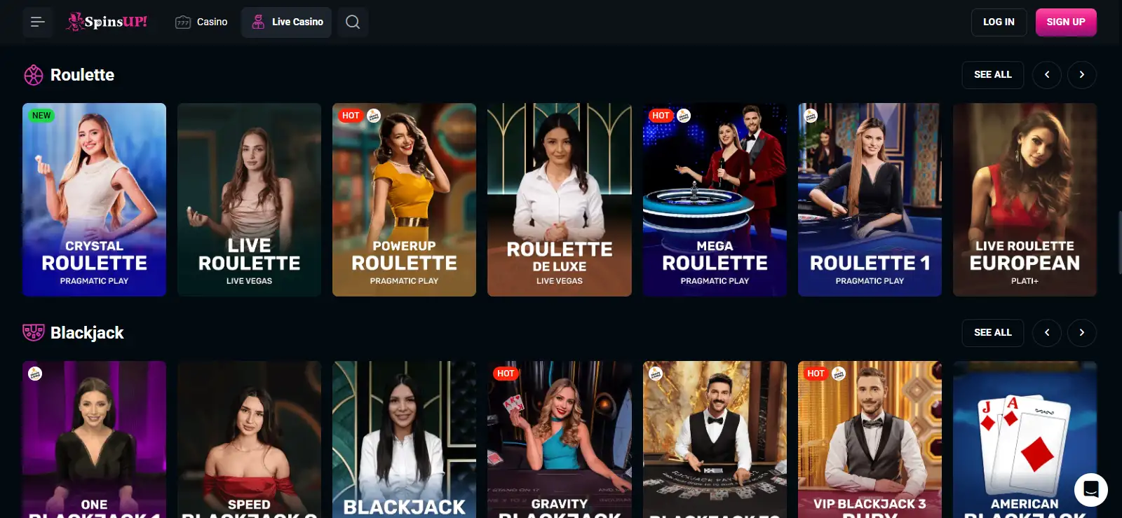 SpinsUP live casino lobby with blackjack roulette baccarat and game-show categories