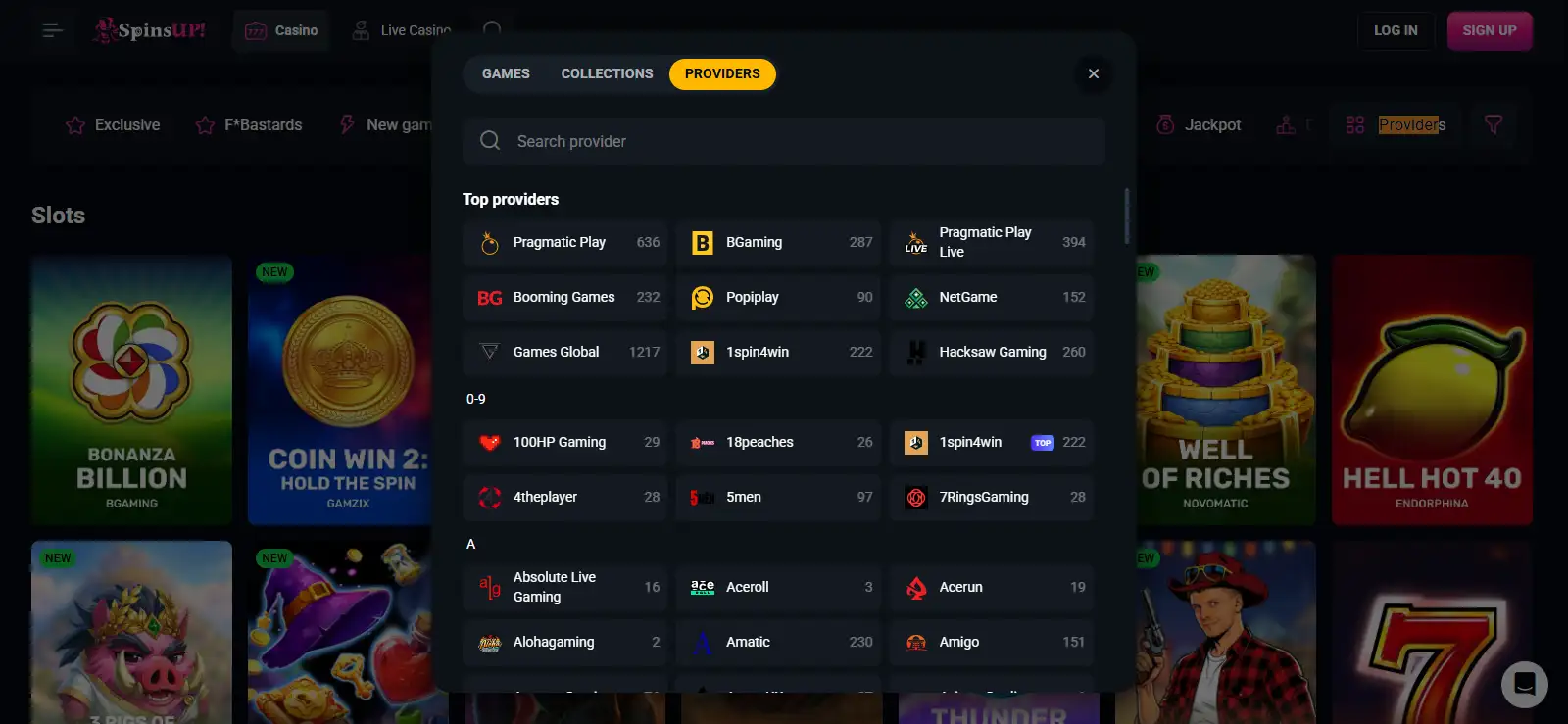 SpinsUP casino lobby showing provider filters and game categories