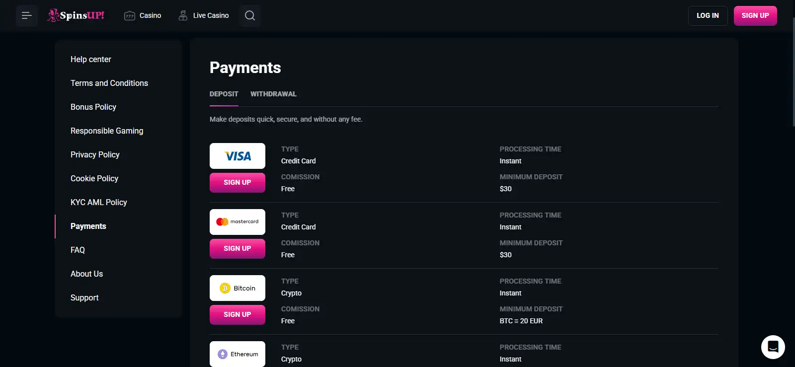 SpinsUP account funding options and payment methods