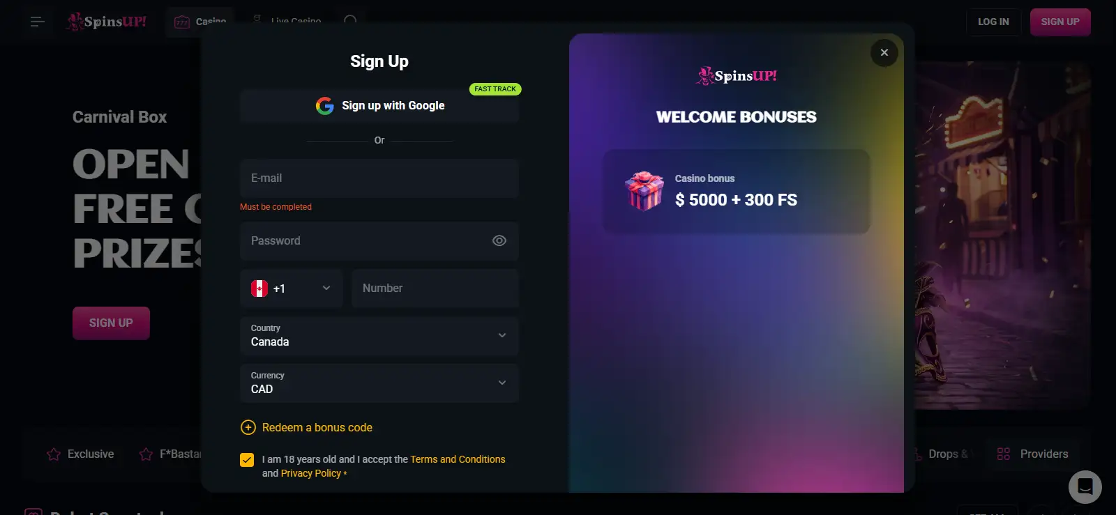 SpinsUP sign-up screen for creating an account from Australia