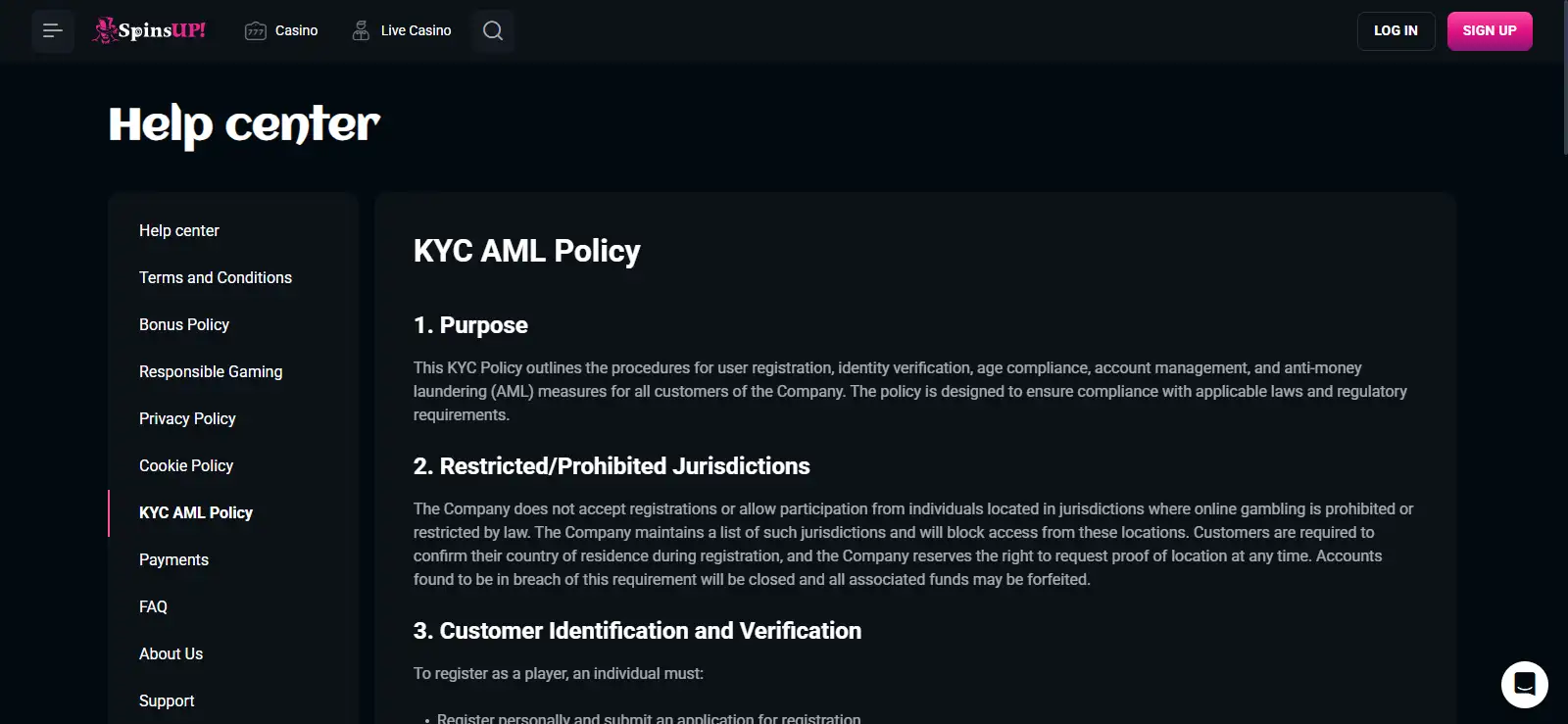 SpinsUP KYC policy showing identity and address verification requirements
