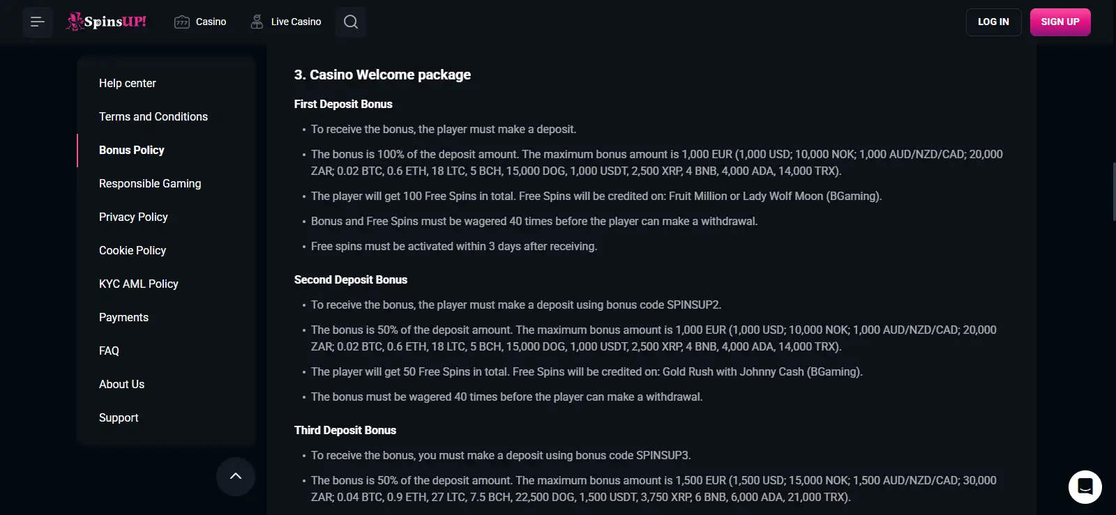 SpinsUP welcome bonus terms for Australian players